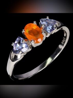 Beautiful Natural Orange Fire Opal & Tanzanite Ring 925 Sterling Silver Size 7